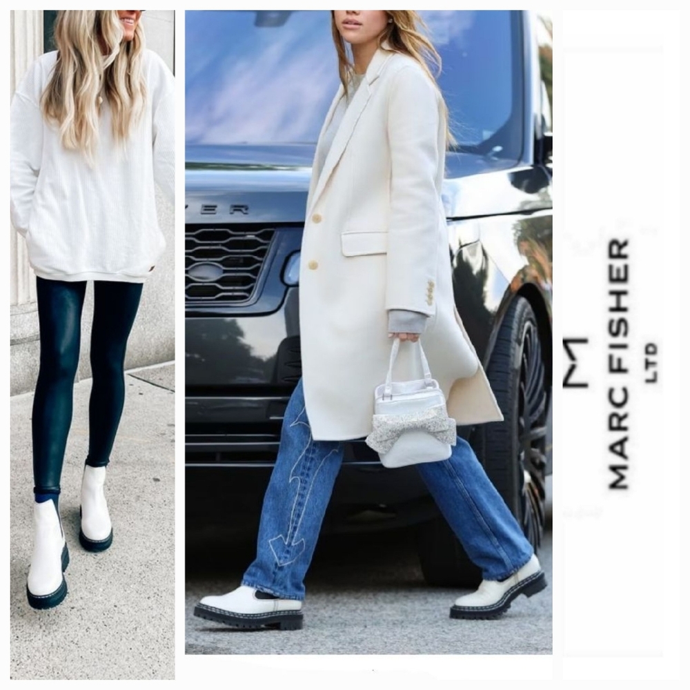 Edgy Chic Marc Fisher LTD White Leather Chelsea Lug Sole Booties